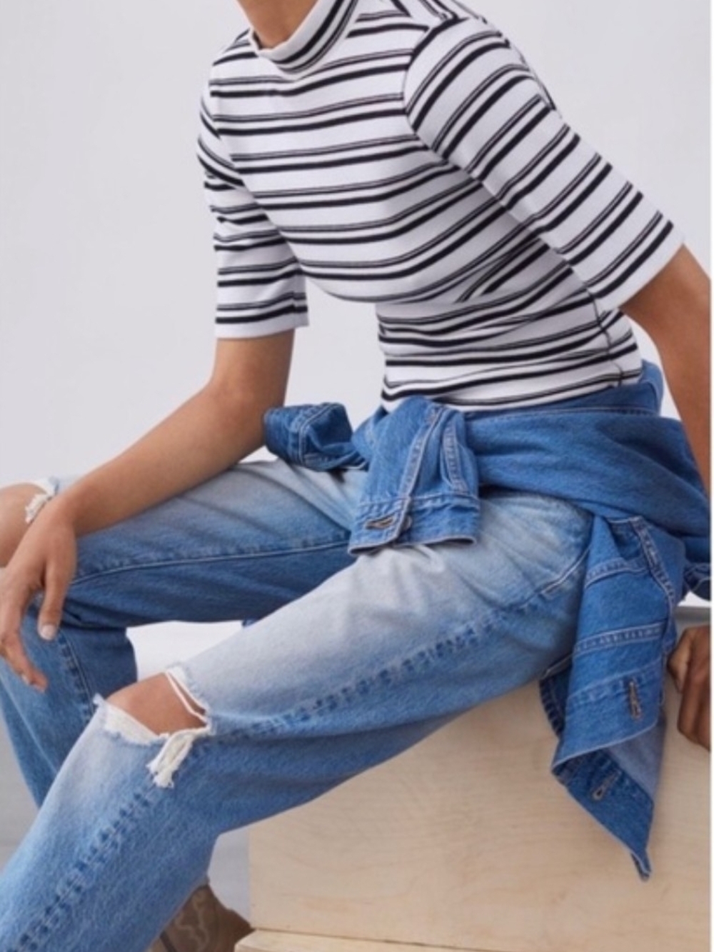 Anthropologie Maeve Stripe Mock Neck Ribbed Top